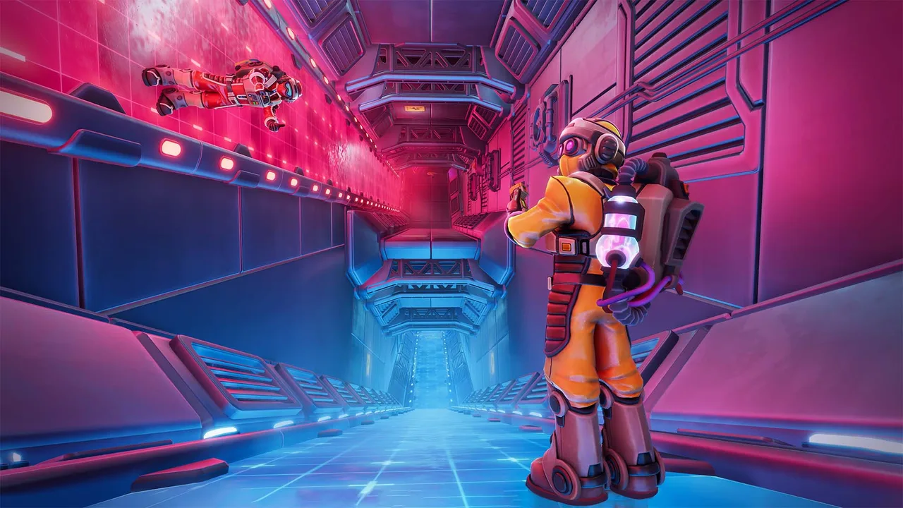 Two suited explorers on differently oriented surfaces inside a magenta and blue industrial corridor.