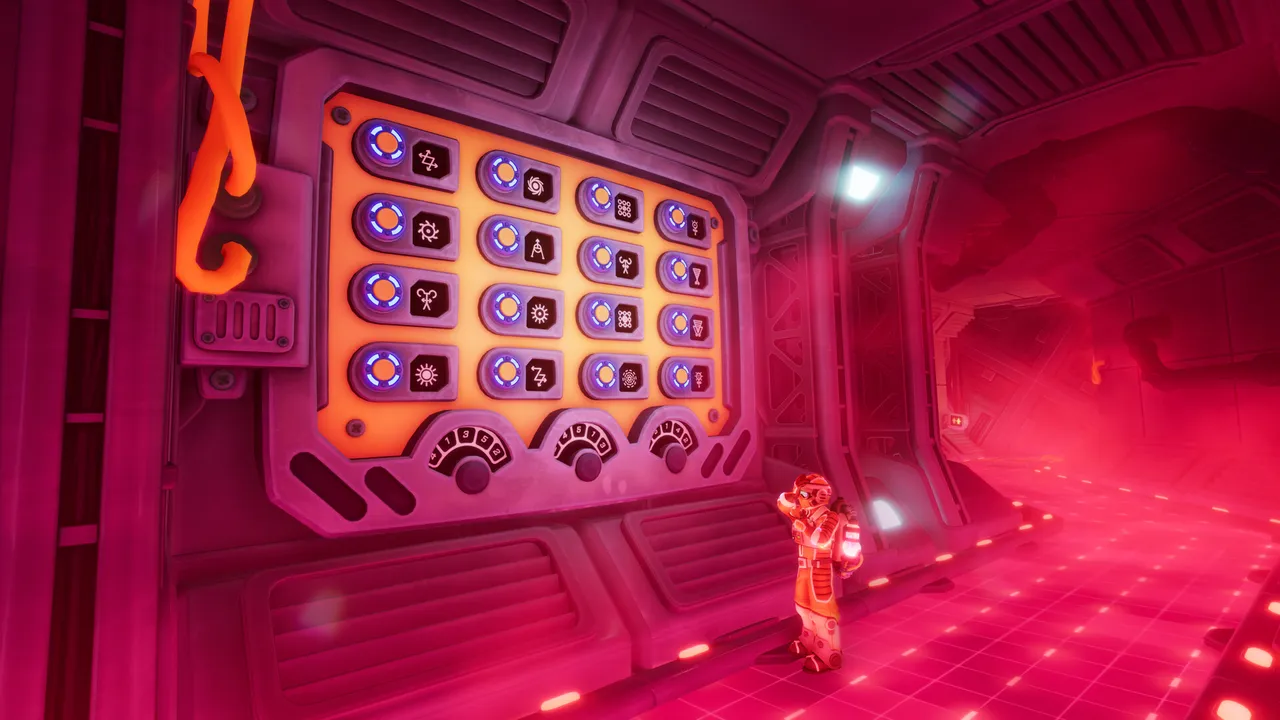 A suited explorer stands beside a large panel of distinct symbols and circular controls in a pink-lit corridor.